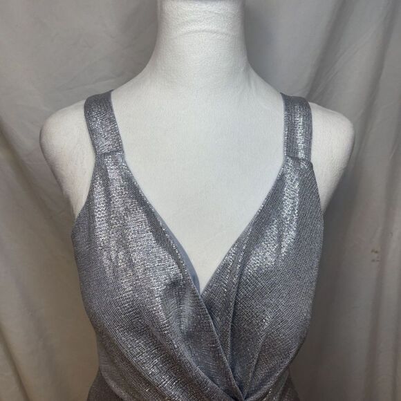 Eliza J Metallic Silver Twist Front Cocktail Maxi Dress Womens Designer Stylish - Picture 4 of 7
